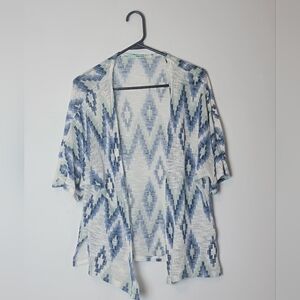 Blue White Geometric Chevron Open Front Cardigan